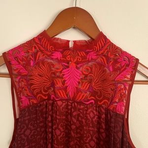 Anthro Dress w Embroidered High Neck + Red Chiffon
